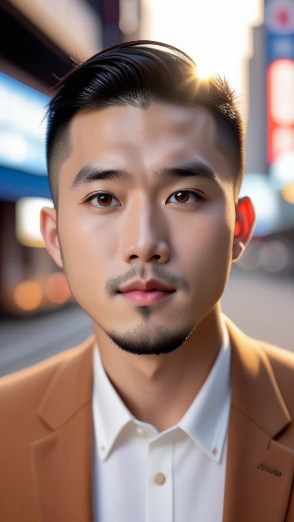 analog photo, closeup portrait photo of 24 years old asian man, natural skin, looks at viewer, city street, (cinematic shot, film grain:1.1), ultra detailed, slight beard