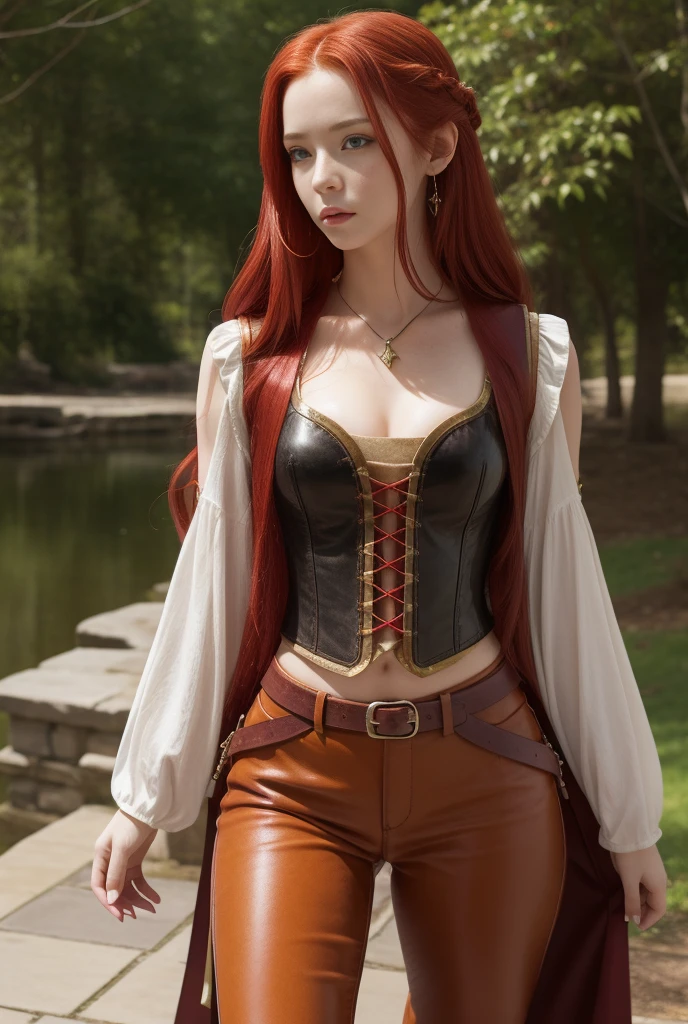 A girl with long cherry-red hair, white porcelain skin, sexy figure. Hourglass figure. Fantasy world. Fantasy clothing consisting of a shirt, trousers, vest and leather boots. From head to toe.