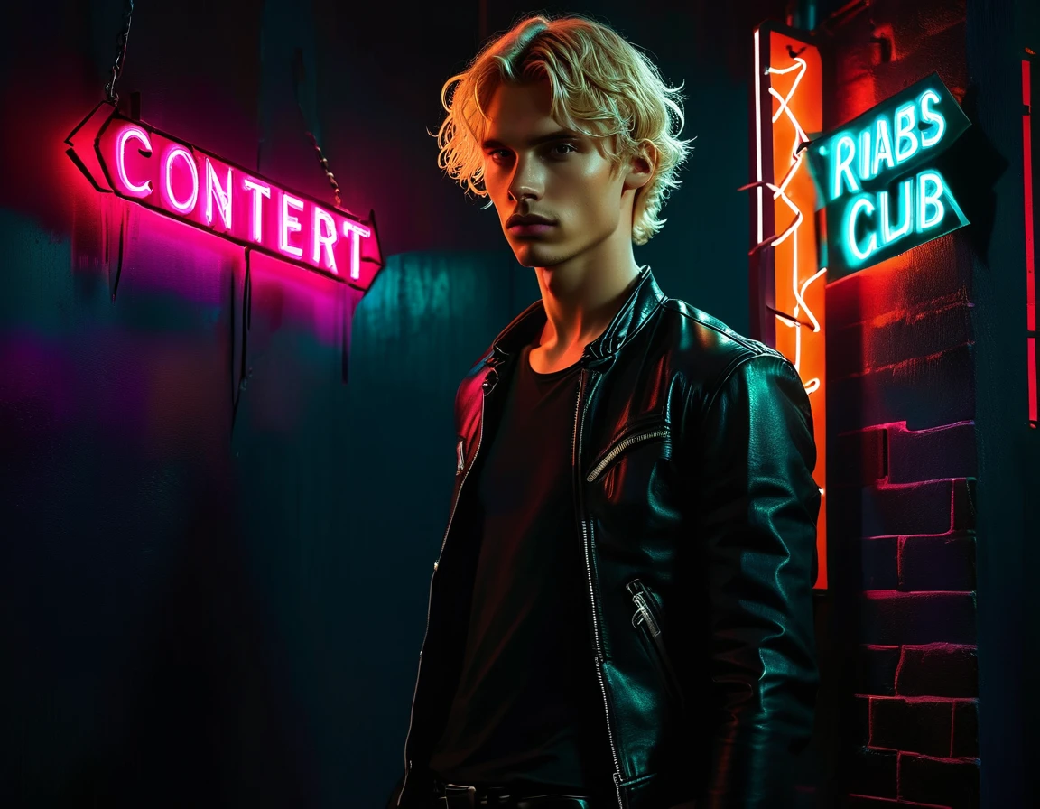 Photorealistic, dark vibes, solo, young man, facing camera, 22 years, pale skin, model (skinny:1.3), (short wavy textured fringe blond hair:1.5), (black leather jacket:1.3), holding knife, dark, lighting, foreboding, sexy, (neon sign that says:"CONTEXT":1.8), night club setting, BDSM background