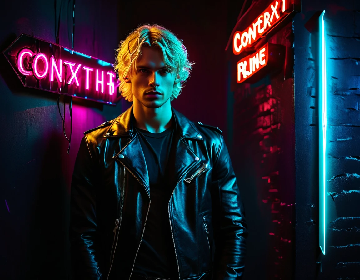 Photorealistic, dark vibes, solo, young man, facing camera, 22 years, pale skin, model (skinny:1.3), (short wavy textured fringe blond hair:1.5), (black leather jacket:1.3), holding knife, dark, lighting, foreboding, sexy, (neon sign that says:"CONTEXT":1.8), night club setting, BDSM background