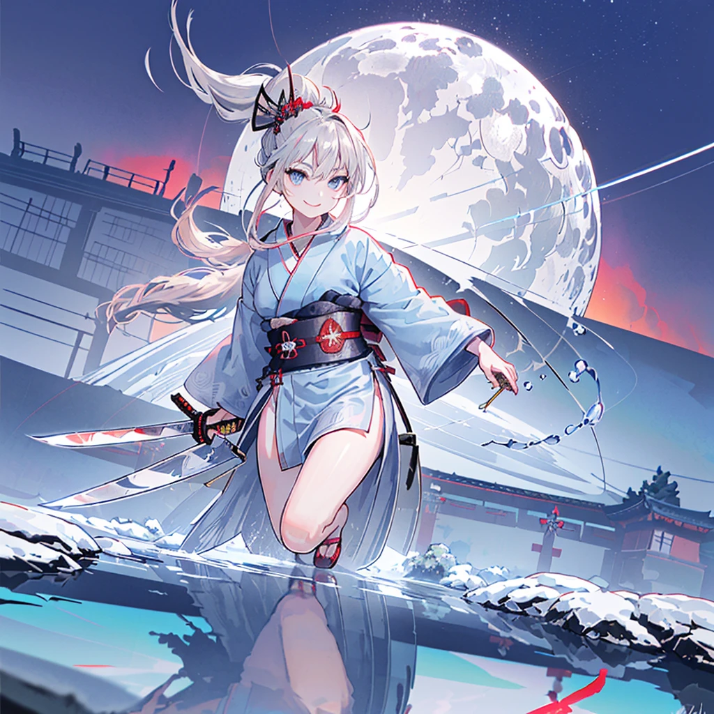(((((samurai、抜knife　knife、Reflection of light)))))　((((Blue eyes、Tree Eyes　Gray Hair、ponytail　smile))))　(((kimono、red　In the middle of the lake、water surface)))　((full moon　star、Shine))　
