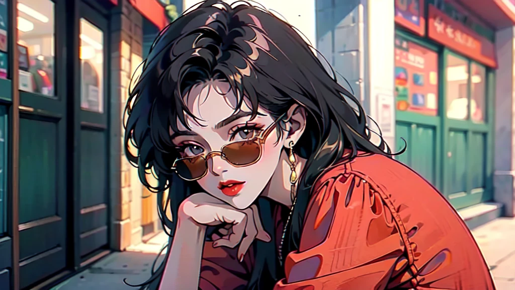 One beautiful woman、cool、Wearing sunglasses、Squatting on a street corner、