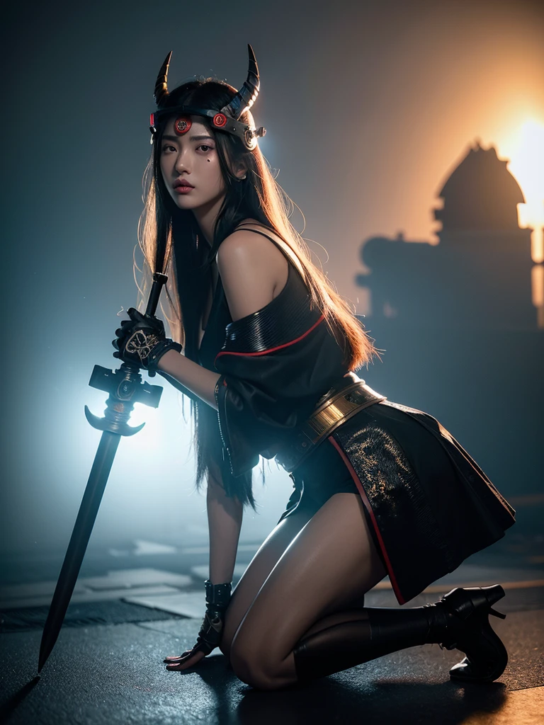 Surreal version of a woman kneeling on one knee and holding a sword in her hand, very beautiful cyberpunk samurai sitting on one knee, futuristic background, cyberpunk samurai, samurai armor, devil mask helmet, intricate, detailed Ornament, cool colors, metal, Egyptian details, very intricate details, realistic lights, glowing eyes, face to camera, neon details, surreal details, full body portrait, global illumination, shadows, octane render, 8k, HDR, beams Scope, NVIDIA RTX, Ultra High Resolution, Unreal 5, Subsurface Scattering, PBR Textures, Post-Processing, Anisotropic Filtering, Depth of Field, Maximum Clarity and Sharpness, Multi-Layered Textures, Albedo and Reflection Maps, Surface Shadows, Accurate simulation of light and material interaction, perfect scaling, octane rendering, two-tone light colors, wide aperture, low ISO, white balance, rule of thirds, 8K RAW, smoke background,