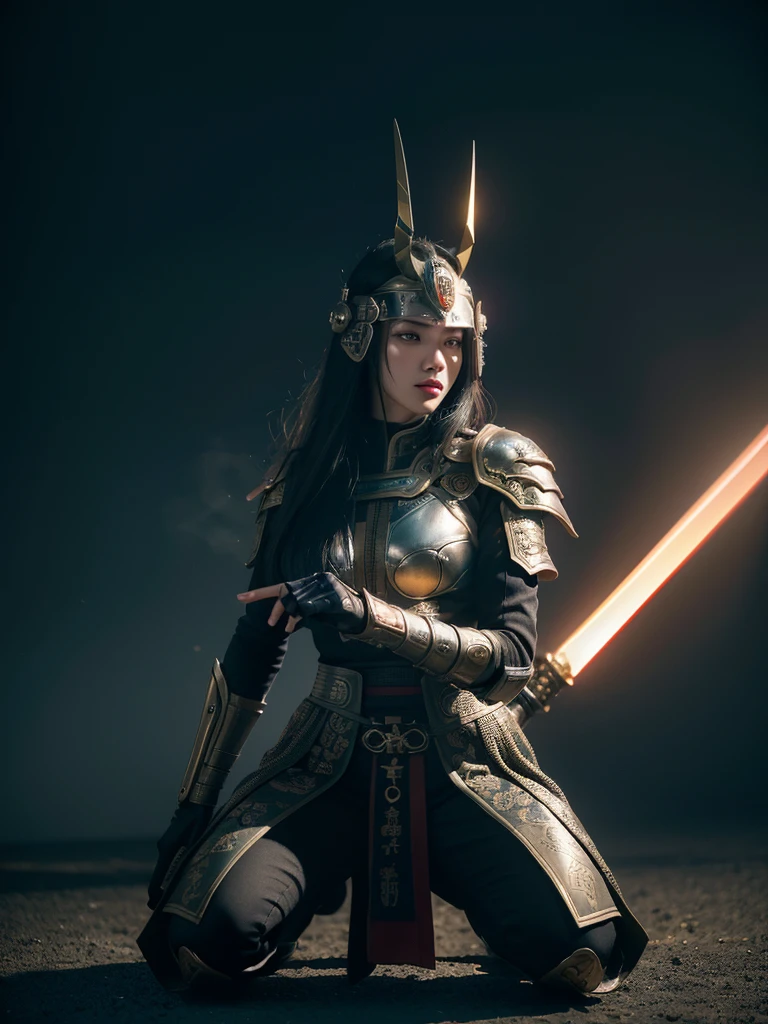 Surreal version of a woman kneeling on one knee and holding a sword in her hand, very beautiful cyberpunk samurai sitting on one knee, futuristic background, cyberpunk samurai, samurai armor, devil mask helmet, intricate, detailed Ornament, cool colors, metal, Egyptian details, very intricate details, realistic lights, glowing eyes, face to camera, neon details, surreal details, full body portrait, global illumination, shadows, octane render, 8k, HDR, beams Scope, NVIDIA RTX, Ultra High Resolution, Unreal 5, Subsurface Scattering, PBR Textures, Post-Processing, Anisotropic Filtering, Depth of Field, Maximum Clarity and Sharpness, Multi-Layered Textures, Albedo and Reflection Maps, Surface Shadows, Accurate simulation of light and material interaction, perfect scaling, octane rendering, two-tone light colors, wide aperture, low ISO, white balance, rule of thirds, 8K RAW, smoke background,