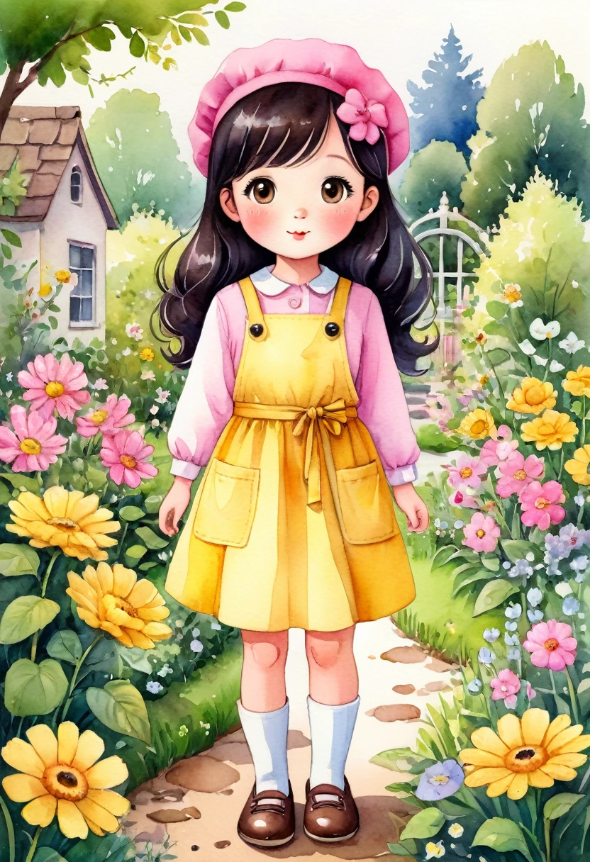 a watercolor illustration of a cute 4 year old standing in a garden with lots of flowers, she has a pink beret on her head. She is dressed in a long-sleeved yellow dress, she is wearing a pink apron with black buttons over it, and she is wearing yellow shoes on her feet. She has shoulder-length wavy black hair and big brown eyes. Cute art style, cute cartoon character, cute digital art, cute detailed digital art, cute art, cute cartoon, cute cartoon style, cartoon style illustration, cute character, cute illustration, cute kawaii girl, detailed art cute, cute woman, cute girl, cartoon art style, adorable digital painting, chibi girl.