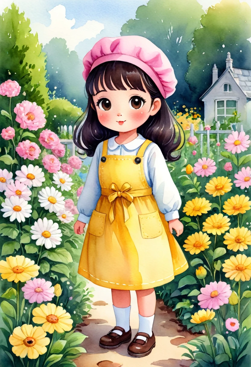 a watercolor illustration of a cute 4 year old  standing in a garden with lots of flowers, she has a pink beret on her head. She is dressed in a long-sleeved yellow dress, she is wearing a pink apron with black buttons over it, and she is wearing yellow shoes on her feet. She has shoulder-length wavy black hair and big brown eyes. Cute art style, cute cartoon character, cute digital art, cute detailed digital art, cute art, cute cartoon, cute cartoon style, cartoon style illustration, cute character, cute illustration, cute kawaii girl, detailed art cute, cute woman, cute girl, cartoon art style, adorable digital painting, chibi girl.
