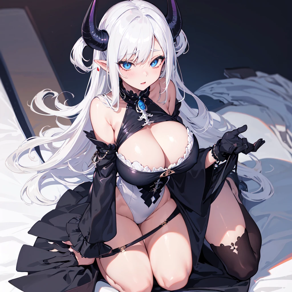 masterpiece, best quality, finely detailed, 1 girl, (bishoujo), cute, (huge boobs), (cleavage), demon girl, white hair, gray horns, blue eyes, black gloves, white shirt with black dress, one piece clothing, wingless, full body, teasing gaze