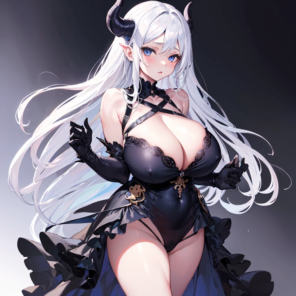 masterpiece, best quality, finely detailed, 1 girl, (bishoujo), cute, (huge boobs), (cleavage), demon girl, white hair, gray horns, blue eyes, black gloves, white shirt with black dress, one piece clothing, wingless, full body, teasing gaze