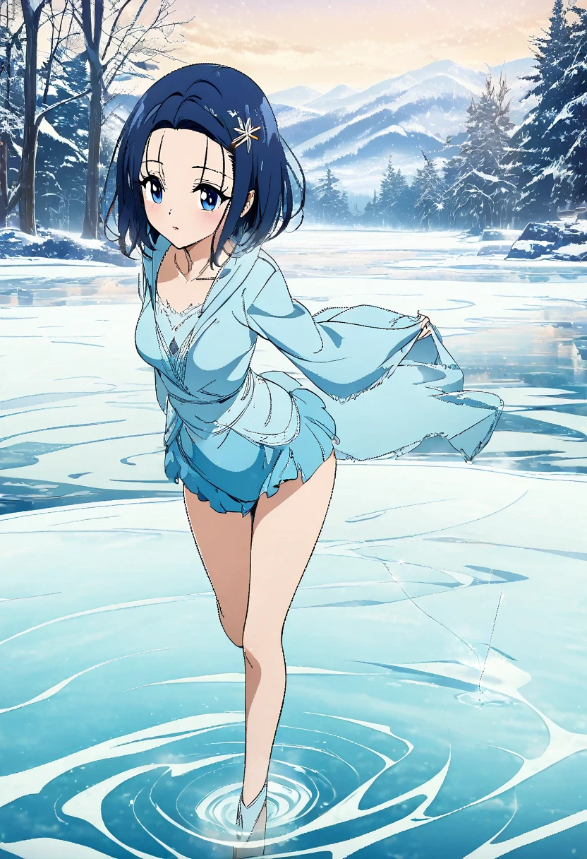 One girl, blue short hair, blue eyes, forehead visible, hair pin, cool color palette, winter landscape, ice princess, magical scene of freezing a pond for ice skating. Anime art style, masterpiece, best quality, absurdres. Girl gracefully ice skating on the magically frozen pond, surrounded by a serene winter landscape. Ethereal and enchanting atmosphere.