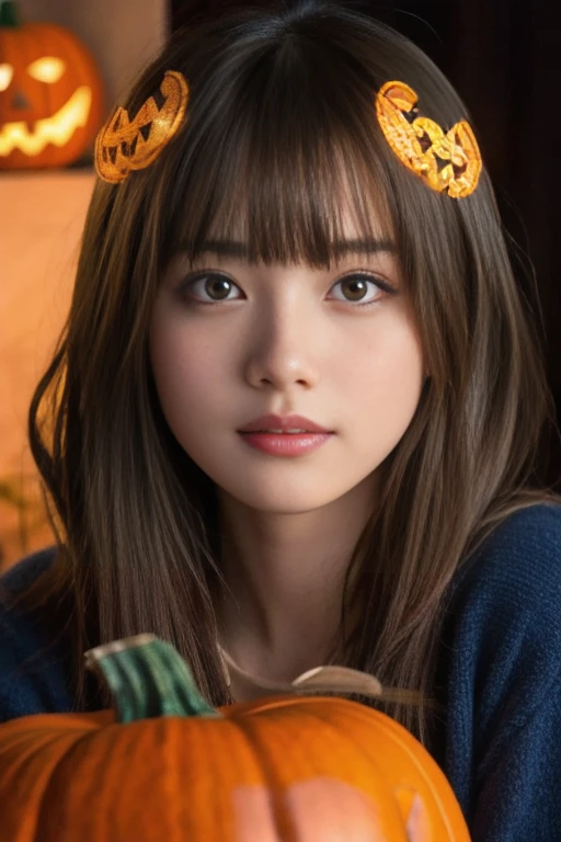 a 16 year old japanese girl, detailed face, beautiful detailed eyes, beautiful detailed lips, extremely detailed face, long eyelashes, cute, anime style, halloween party, colorful lights, pumpkin decorations, haunted house, fog, spooky atmosphere, (best quality, 4k, highres, masterpiece:1.2), (realistic, photorealistic, photo-realistic:1.37), vivid colors, intricate details, fantasy, soft lighting, magical