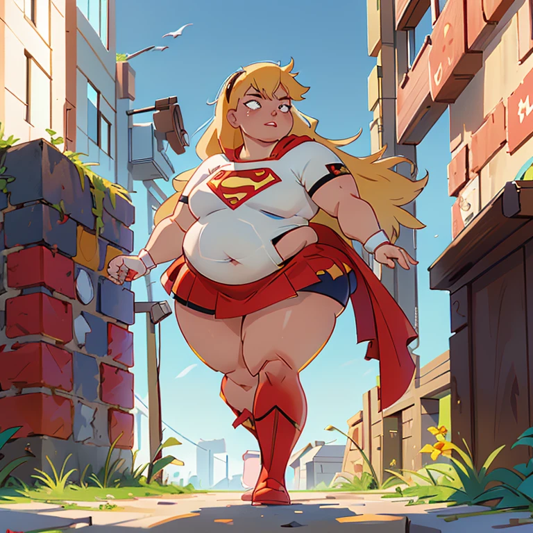 8K, Ultra HD, super details, high quality, high resolution. The heroine Supergirl, 1 fat girl, looks beautiful in a full-length photo, her body plus is sculptural, her long wavy blonde hair is radiant in a perfect combination with her white skin, her bright blonde eyes mesmerize everyone. She is wearing her heroine outfit, a red skirt with a yellow belt, a very tight blue t-shirt with a big red S on the chest, Elta also wears a red cape and red boots. she looks very fat sexy drawing attention to her big breasts and thick legs as she flies through the sky.,(Fondo de ruinas de mazmorra en ruinas cyberpunk :1.4 ), (supergils superman :1.4), (vestuario white traje :1.4), (Detalles de la cara: 1.5, ojos azules brillantes, hermoso rostro, ojos bonitos, Contorno del iris, labios delgados: 1.5, Thin, sharp pale eyebrows, Long, dark eyelashes, double tabs),(Traje vestuario white :1.4) 