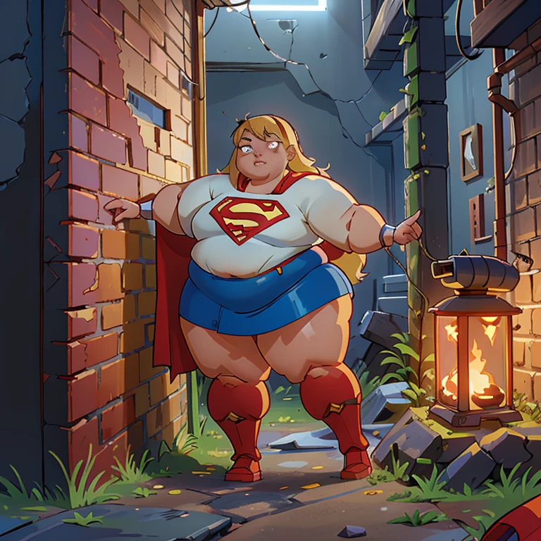 8K, Ultra HD, super details, high quality, high resolution. The heroine Supergirl, 1 fat girl, looks beautiful in a full-length photo, her body plus is sculptural, her long wavy blonde hair is radiant in a perfect combination with her white skin, her bright blonde eyes mesmerize everyone. She is wearing her heroine outfit, a red skirt with a yellow belt, a very tight blue t-shirt with a big red S on the chest, Elta also wears a red cape and red boots. she looks very fat sexy drawing attention to her big breasts and thick legs as she flies through the sky.,(Fondo de ruinas de mazmorra en ruinas cyberpunk :1.4 ), (supergils superman :1.4), (vestuario white traje :1.4), (Detalles de la cara: 1.5, ojos azules brillantes, hermoso rostro, ojos bonitos, Contorno del iris, labios delgados: 1.5, Thin, sharp pale eyebrows, Long, dark eyelashes, double tabs),(Traje vestuario white :1.4) 