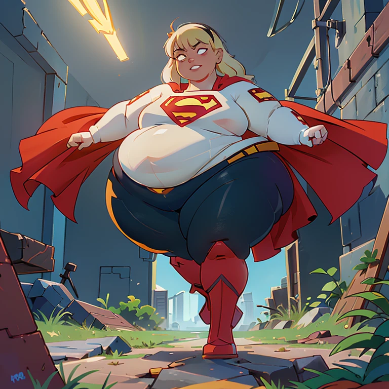 8K, Ultra HD, super details, high quality, high resolution. The heroine Supergirl, 1 fat girl, looks beautiful in a full-length photo, her body plus is sculptural, her long wavy blonde hair is radiant in a perfect combination with her white skin, her bright blonde eyes mesmerize everyone. She is wearing her heroine outfit, a red skirt with a yellow belt, a very tight blue t-shirt with a big red S on the chest, Elta also wears a red cape and red boots. she looks very fat sexy drawing attention to her big breasts and thick legs as she flies through the sky.,(Fondo de ruinas de mazmorra en ruinas cyberpunk :1.4 ), (supergils superman :1.4), (vestuario white traje :1.4), (Detalles de la cara: 1.5, ojos azules brillantes, hermoso rostro, ojos bonitos, Contorno del iris, labios delgados: 1.5, Thin, sharp pale eyebrows, Long, dark eyelashes, double tabs),(Traje vestuario white :1.4) 
