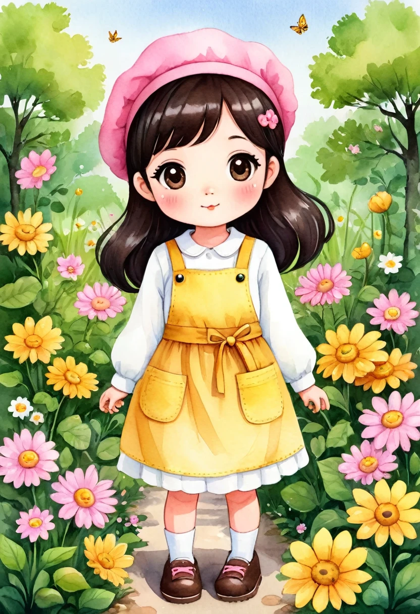 chibi, a watercolor illustration of a cute 4 year old  standing in a garden with lots of flowers, she has a pink beret on her head. She is dressed in a long-sleeved yellow dress, she is wearing a pink apron with black buttons over it, and she is wearing yellow shoes on her feet. She has shoulder-length wavy black hair and big brown eyes. Cute art style, cute cartoon character, cute digital art, cute detailed digital art, cute art, cute cartoon, cute cartoon style, cartoon style illustration, cute character, cute illustration, cute kawaii girl, detailed art cute, cute woman, cute girl, cartoon art style, adorable digital painting, chibi girl.