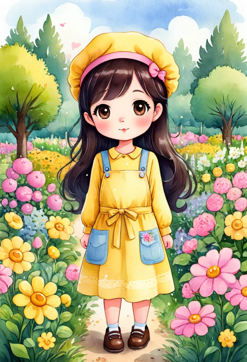 chibi, a watercolor illustration of a cute 4   standing in a garden with lots of flowers, she has a pink beret on her head. She is dressed in a long-sleeved yellow dress, she is wearing a pink apron with black buttons over it, and she is wearing yellow shoes on her feet. She has shoulder-length wavy black hair and big brown eyes. Cute art style, cute cartoon character, cute digital art, cute detailed digital art, cute art, cute cartoon, cute cartoon style, cartoon style illustration, cute character, cute illustration, cute kawaii girl, detailed art cute, cute woman, cute girl, cartoon art style, adorable digital painting, chibi girl.