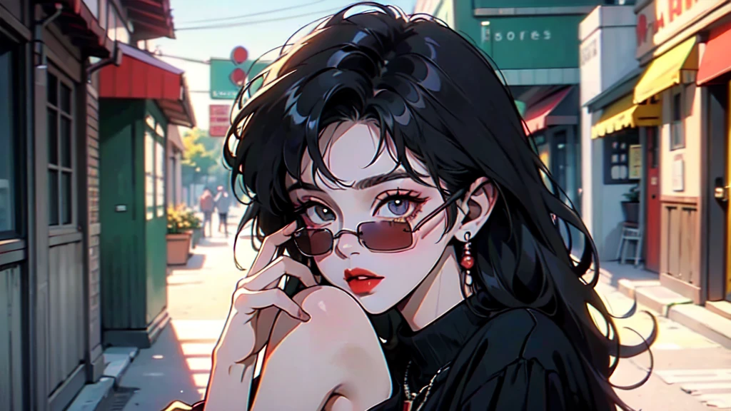 One beautiful woman、cool、Wearing sunglasses、Squatting on a street corner、