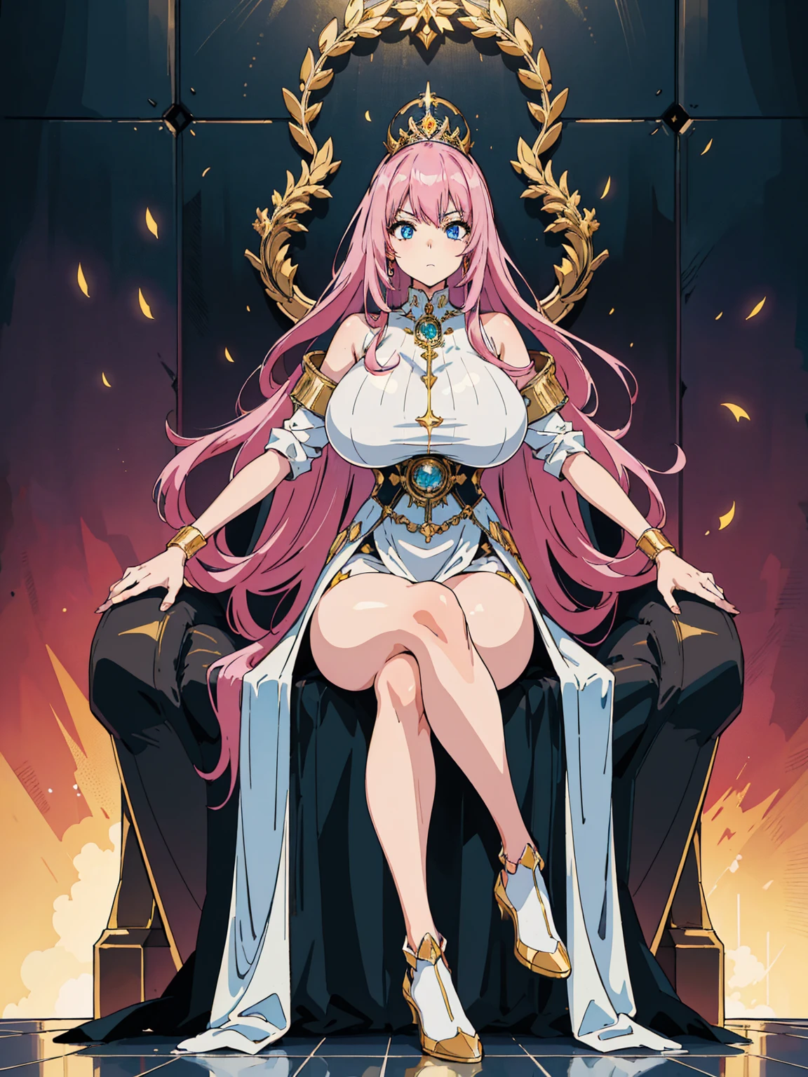 1 confident woman with floor-length pink hair, huge and big breasts, Futuristic royal costume in white with black and gold details, tall woman, blue detailed eyes, sitting on the throne of skulls , judgmental look, golden metal skulls, sovereign pose, cyberpunk queen
