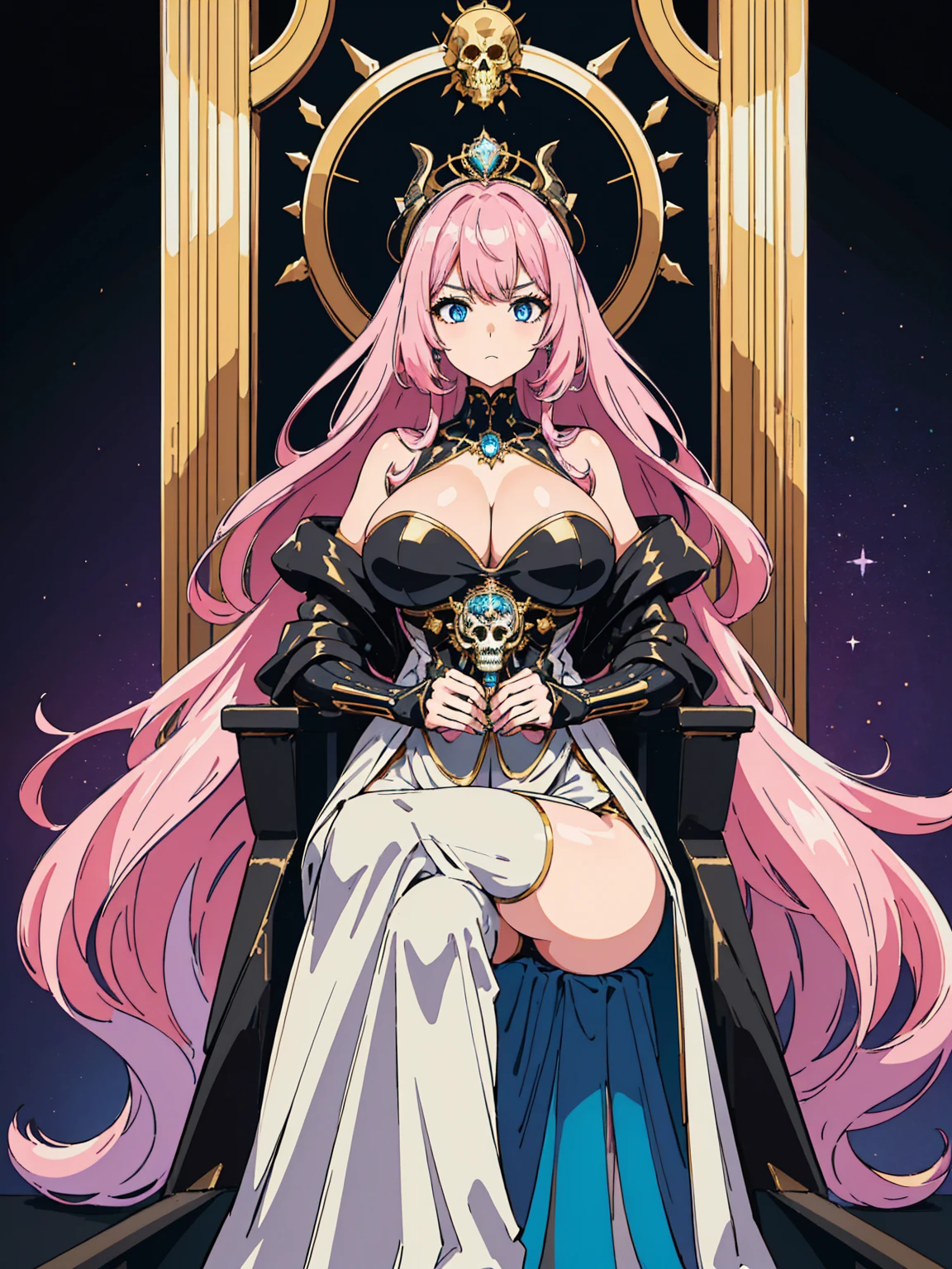 1 confident woman with floor-length pink hair, huge and big breasts, Futuristic royal costume in white with black and gold details, tall woman, blue detailed eyes, sitting on the throne of skulls , judgmental look, golden metal skulls, sovereign pose, cyberpunk queen
