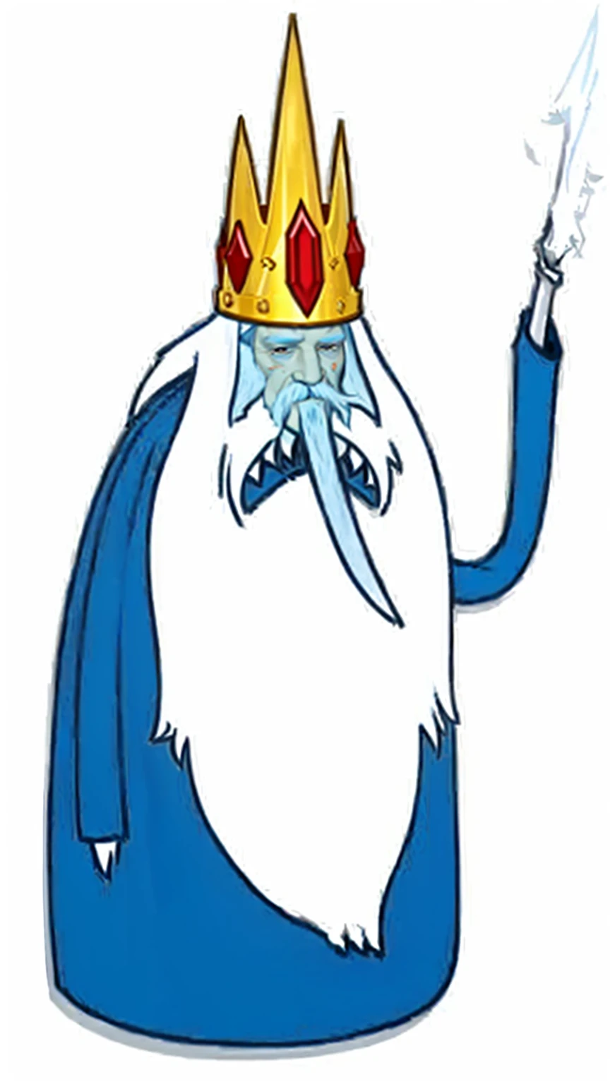 An old king with a very long nose. His face is pale and his skin is completely blue. He has a beard and thick white hair. He wears a long blue robe that covers his entire body. He wears a crown decorated with three shining scarlet jewels. His face looks serious. He has dead eyes.