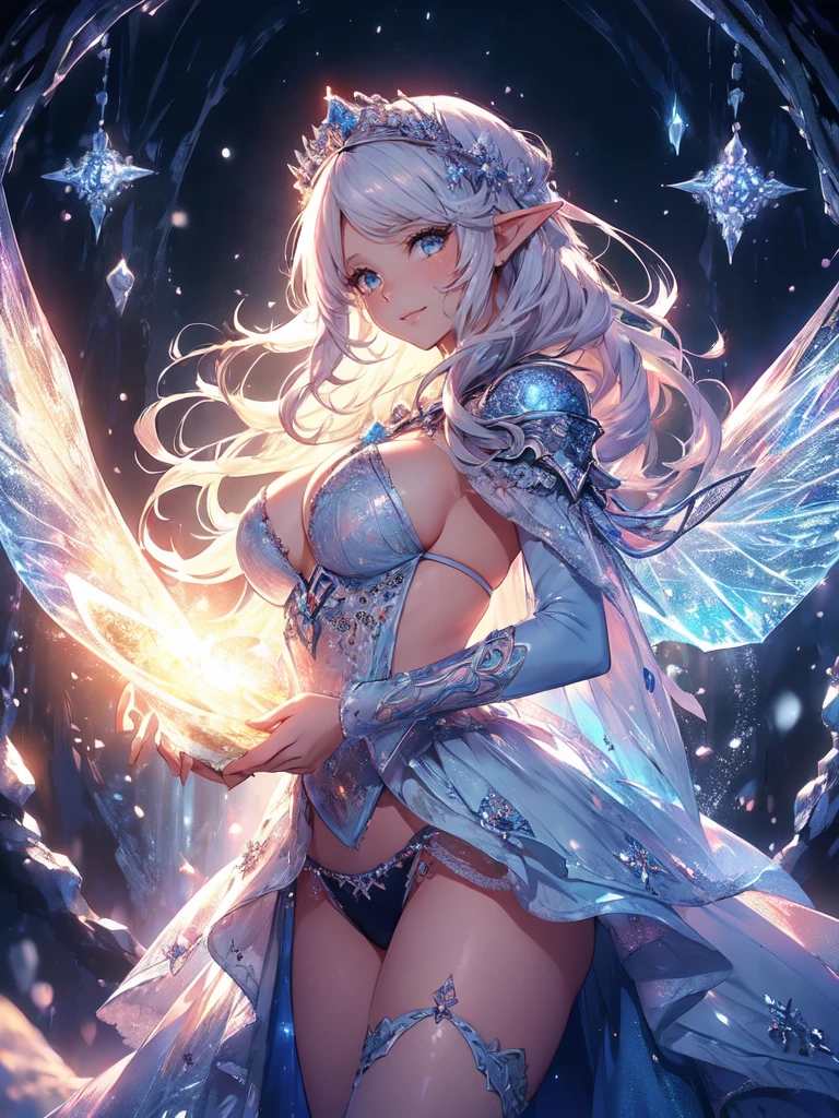 最high quality、1 woman elf facing forward、Succubus、(( cowboy shot ))((underwear))'((low angle1.5 ))、beautiful瞳、tears、、beautiful装飾、brassiere、panty、Ice tiara、Swirling Ice、Crystal of snow、A world made of ice、最high quality , fractal art.Ice Throne、ice World、bikini、beautiful胸、Large Breasts　((Laugh beautifully、))((Glowing ice　))SMqueen、beautiful顔、Orgasm、Ecstasy、sex,全身beautiful装飾の下着、World of Illusions、Ice crystals、Crystal of snow、Ice wall、ice World、Bigger on the front、 beautiful輝き,High-definition depiction, Realistic, 8k, Unity, beautiful太もも,,Giant Devil's Wings、虹colorに輝く翼、、 light smile, Beautifully and vividly drawn, , beautiful beautiful透き通る肌、輝くbeautiful装飾の魔法、、beautiful装飾、 , beautiful、 Romanticism,mosquito。 混沌の最もbeautiful形, Mr..々color, Intertwined flowers, P article,Magical gentle light,smile,,image quality、masterpiece、beautiful顔、Super beautiful elf woman((Big breasted 22 year old office lady、Bust 120,Beautiful long ironed hair、Silver Hair、height: 165cm。、Esbian、、high quality、、Visual Arts、最high quality、1 womanエルフ NP: Worst quality ,beautiful fractal art　、frozen、、light、Beautiful radiance,High-definition depiction, Realistic, 8k, Unity, , light smile, Beautifully and vividly drawn, , Beautiful, beautiful, clear skin、 Countless rays of light pouring down, Swirling Light, big background, , Intense light is emitted from the magic circle in front of the girl. Romanticism,Cowboy Shot:  最high quality　snow palace