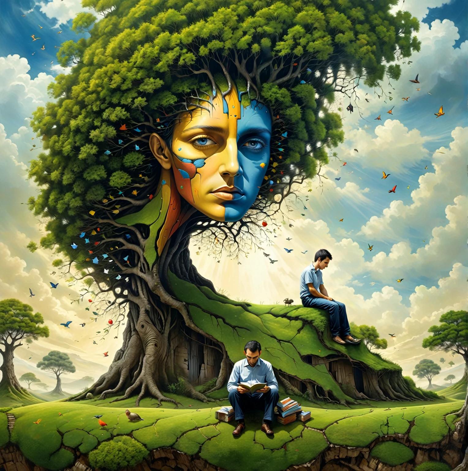 arafed man sitting  under a tree with quebra-cabeça pieces on his body, intrigante, quebra-cabeça art, inspired por Igor Morski, arte figurativa altamente conceitual, por Igor Morski, Sylvain Sarrailh e Igor Morski, illusion arte surreal, arte surreal, quebra-cabeça, arte surrealista emocional, por László Balogh, dissociação