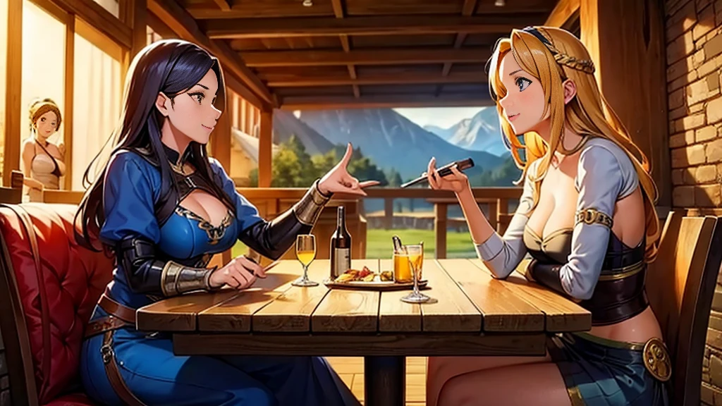 A beautiful woman on the road and an adventure party are sitting and enjoying themselves in a tavern, everyone is having a good time, anime, heartwarming, medieval, bard, epic,