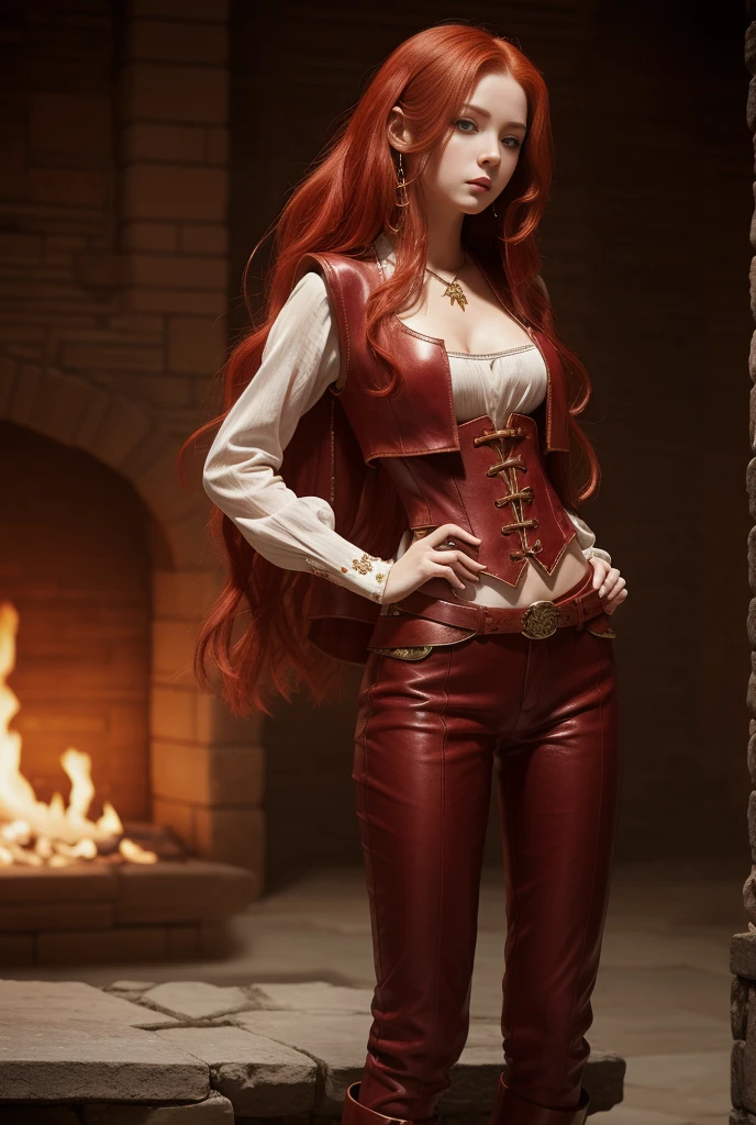 A girl with long cherry-red hair, white porcelain skin, sexy figure. Hourglass figure. Fantasy world. Fantasy clothing consisting of a shirt, trousers, vest and leather boots. From head to toe. Looks at the viewer, High quality, Detailed, Masterpiece