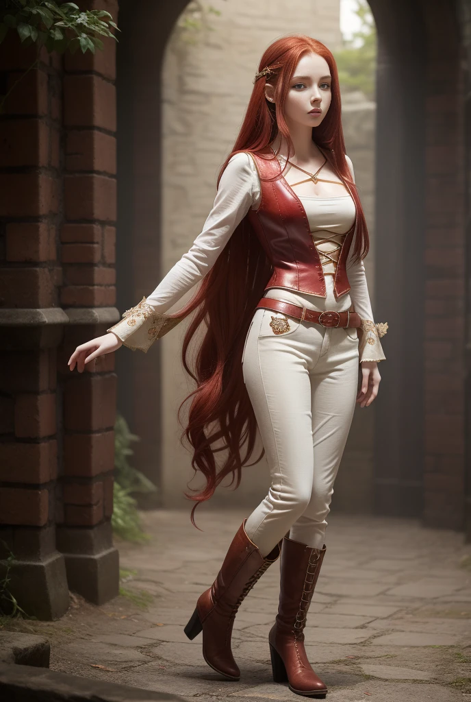 A girl with long cherry-red hair, white porcelain skin, sexy figure. Hourglass figure. Fantasy world. Fantasy clothing consisting of a shirt, trousers, vest and leather boots. From head to toe. Looks at the viewer, High quality, Detailed, Masterpiece