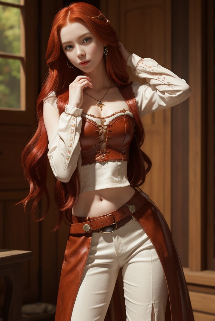 A girl with long cherry-red hair, white porcelain skin, sexy figure. Hourglass figure. Fantasy world. Fantasy clothing consisting of a shirt, trousers, vest and leather boots. From head to toe. Looks at the viewer, High quality, Detailed, Masterpiece