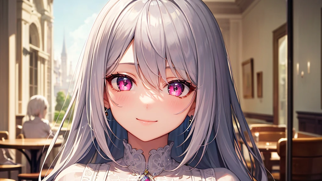 Highest quality, 8k, 4K, High resolution, High Contrast,1girl,only,Beautiful silver hair,(Beautifully detailed face), Clear pink eyes, beautiful eyes, A gentle expression of love, smile, Moderate bust, 20generation, Wearing diamonds, Beautiful Gems, White and silver based, Precise and beautiful scenery, one piece, Cafe, coffee