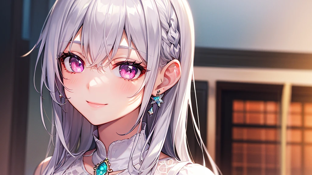 Highest quality, 8k, 4K, High resolution, High Contrast,1girl,only,Beautiful silver hair,(Beautifully detailed face), Clear pink eyes, beautiful eyes, A gentle expression of love, smile, Moderate bust, ２０generation, Wearing diamonds, Beautiful Gems, White and silver based, Precise and beautiful scenery, one piece, Cafe, coffee