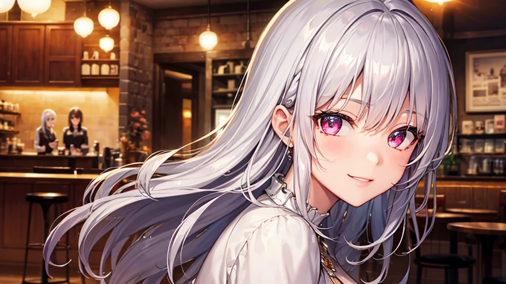 Highest quality, 8k, 4K, High resolution, High Contrast,1girl,only,Beautiful silver hair,(Beautifully detailed face), Clear pink eyes, beautiful eyes, A gentle expression of love, smile, Moderate bust, 20generation, Wearing diamonds, Beautiful Gems, White and silver based, Precise and beautiful scenery, one piece, Cafe, coffee