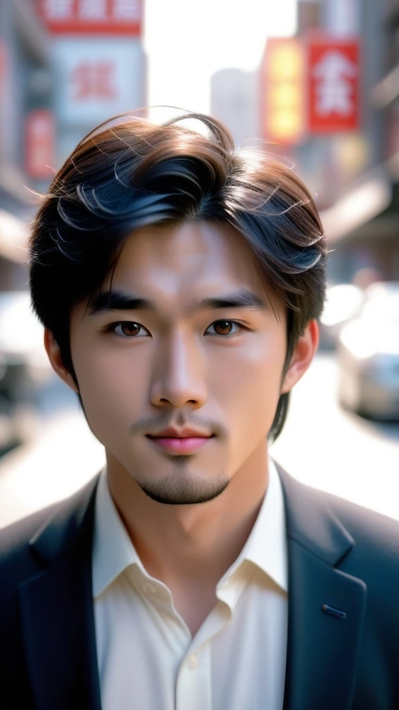 analog photo, closeup portrait photo of 24 years old asian man, natural skin, looks at viewer, city street, (cinematic shot, film grain:1.1), ultra detailed, slight beard