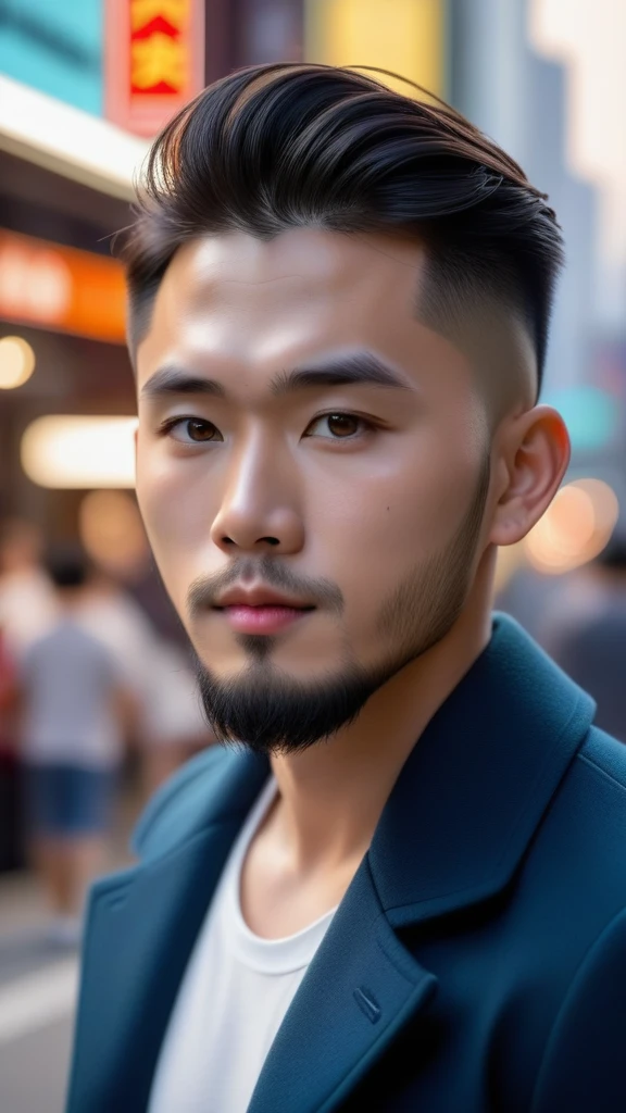 analog photo, closeup portrait photo of 24 years old asian man, natural skin, looks at viewer, city street, (cinematic shot, film grain:1.1), ultra detailed, slight beard