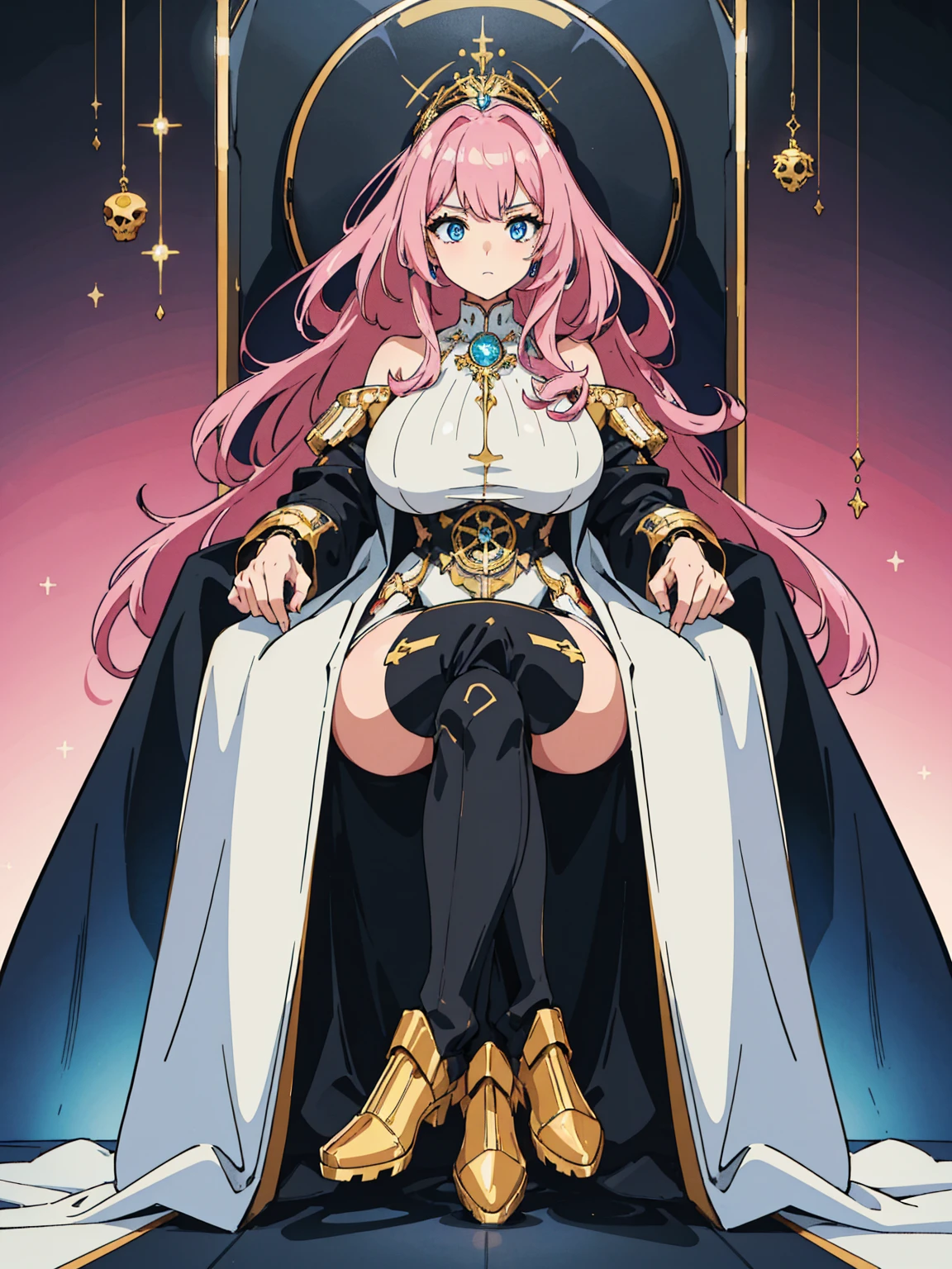 1 confident woman with floor-length pink hair, huge and big breasts, Futuristic royal costume in white with black and gold details, tall woman, blue detailed eyes, sitting on the throne of skulls , judgmental look, golden metal skulls, sovereign pose, cyberpunk queen