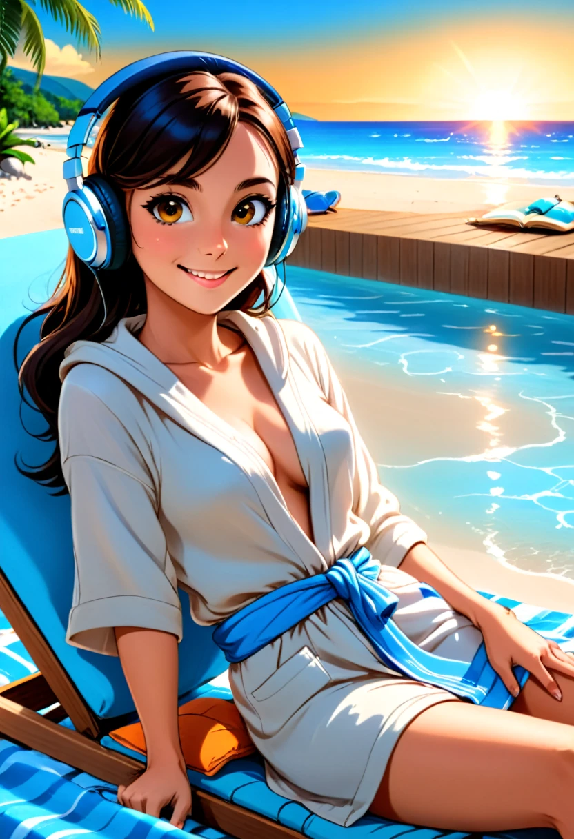 128k Bluray Extreme UHD 4K high quality image of anime At a beautiful summer resort, a woman is reclining on a sunbed. She is wearing headphones and listening to music, dressed in a Beach robes cardigan. She looks at me with a radiant smile