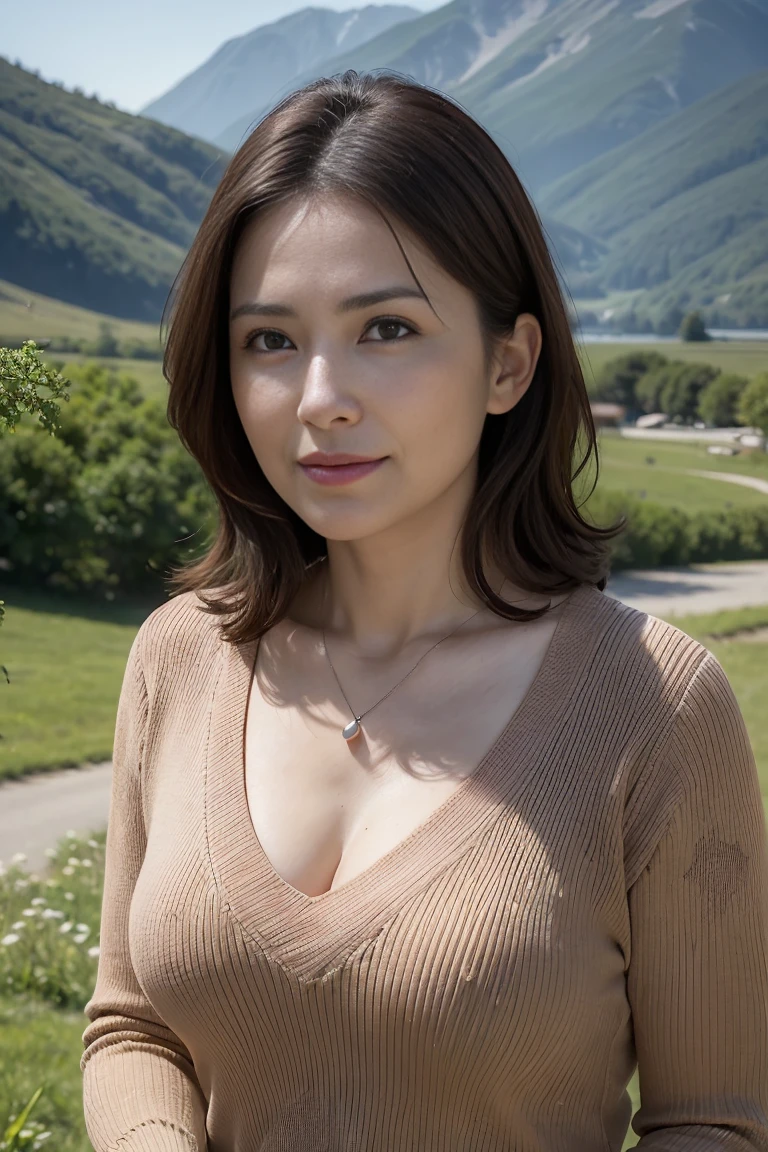 (in 8K, best quality, masterpiece: 1.2), (realistic, Photorealistic: 1.37), very detailed, Natural sunlight, Small breasts, I can see cleavage, 1 person, 40 year old woman, Dark hair, Pendant, Wine Color Light Knit V-Neck Shirt, highly detailed face and skin, highly detailed eyes, highly detailed face and skin, mountain background at night