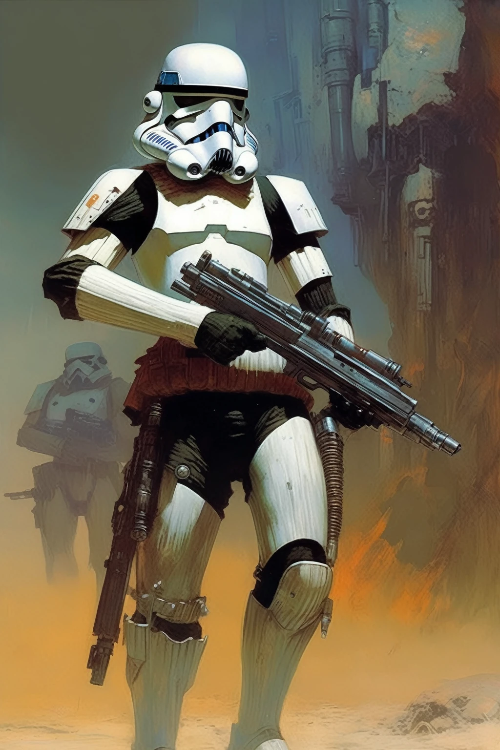 A stormtrooper, concept art, cyberpunk, stranger, fighter, star wars, heavy armor, heavy weapon, thin waist, frank frazetta style