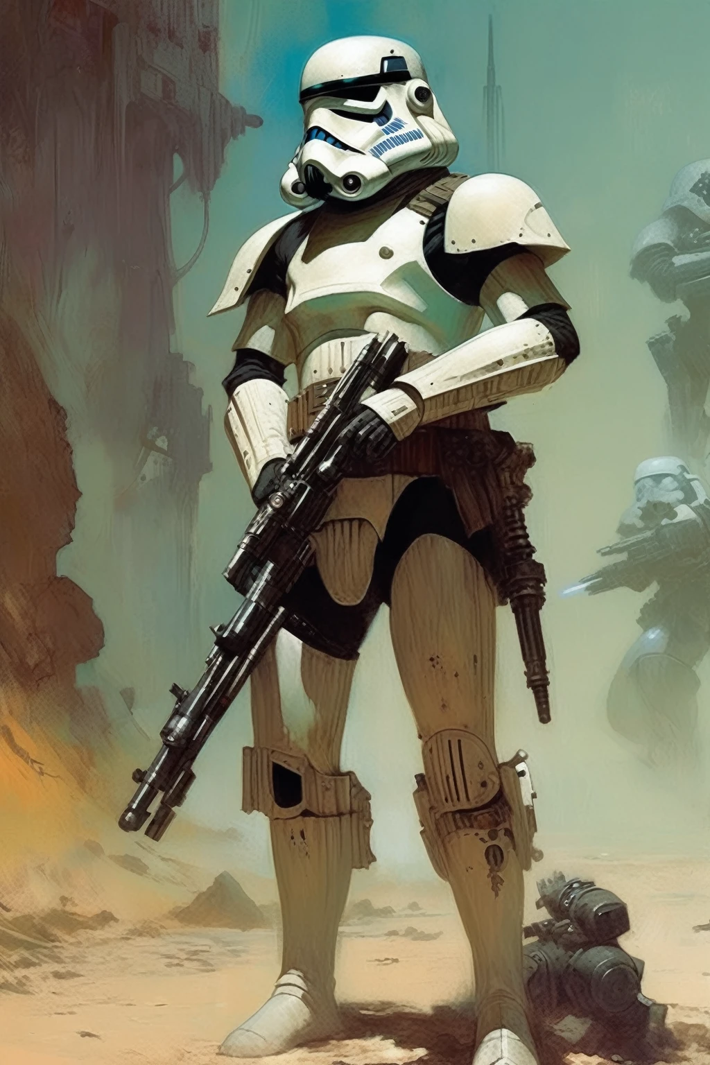 A stormtrooper, concept art, cyberpunk, stranger, fighter, star wars, heavy armor, heavy weapon, thin waist, frank frazetta style