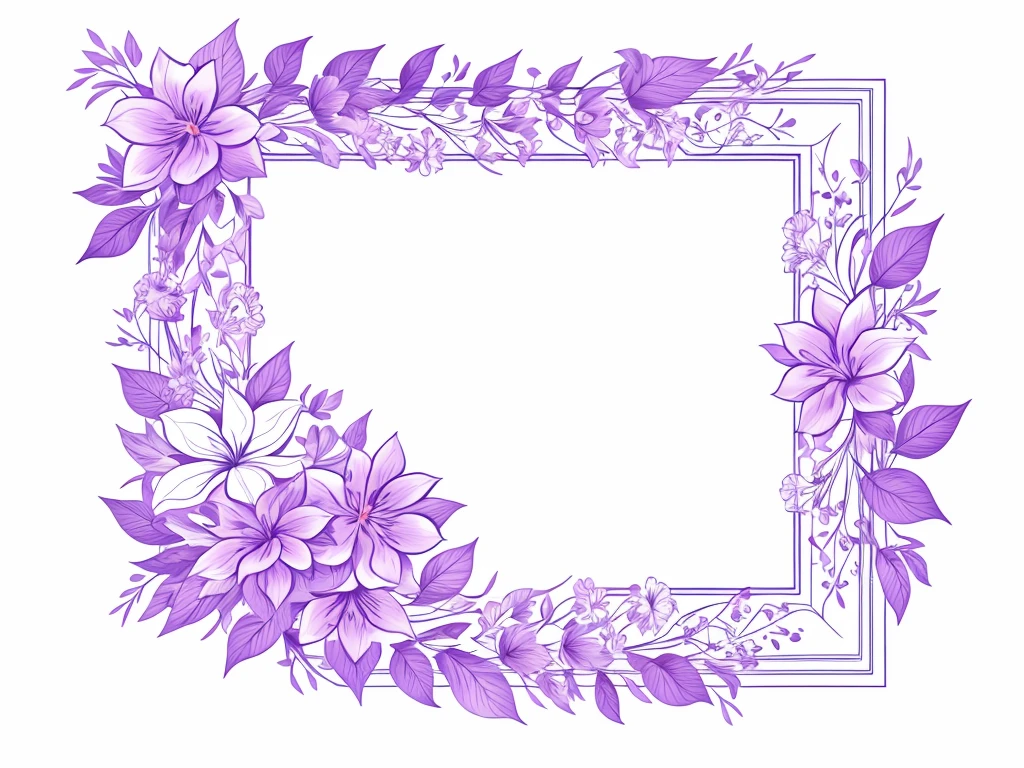 white background, purple floral frame line art