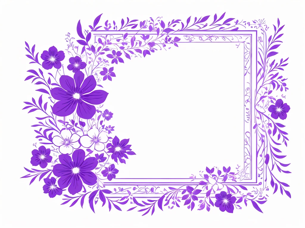 white background, purple floral frame line art