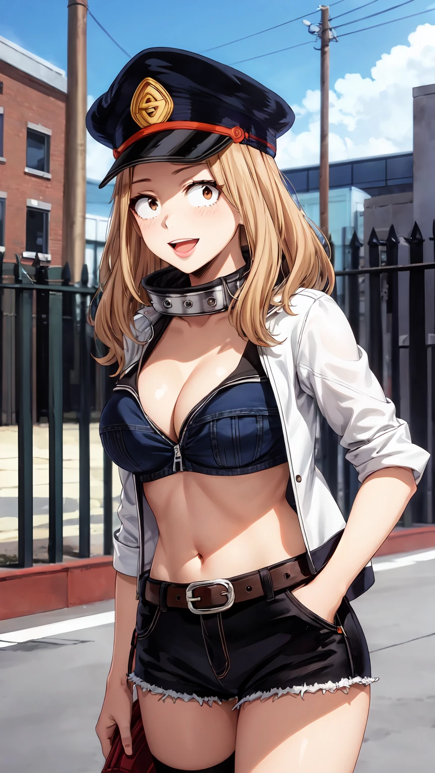 Masterpiece ,best quality , high resolution , (face view , look at view ) , (1 girl solo:1.38) , (camie, long hair, brown hair, brown eyes, peaked cap , lipstick , eyeliner)) , (slim , tall , slender , thin) , (cleavage:1.05) , (big breast:1.06) , (wear bikini , belt , belly , navel , short_hem_jacket , belly , navel , denim_micro_short , fishnet stockings) , (hands in pocket) , (outdoor , road , street , city , blue sky ) , (open mouth , smile , full face blush , shy ) , (standing , thighs ) , (cowboy_shot)