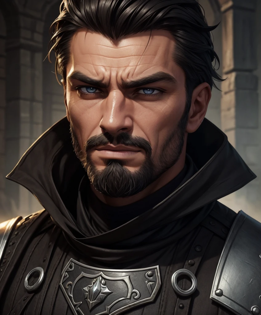 (((Single character image.))) Human male rogue for a wild and exciting fantasy setting. Looks like a miscreant thug as a fantasy character. Looks like a knave. Looks like a medieval fantasy criminal who is dangerous. Looks like a medieval criminal. Looks rowdy, Upper body only. Dark black eyes and dark eyes with an intense stare that increases his attractiveness. Handsome. Devious smirk. Intense. Black and silver themed attire. Tan complexion. Appears sullen, forlorn and darkly romantic. He seems stoic and aloof which makes him all the more attractive. Background is an eerie dungeon. best quality:1.0,hyperealistic:1.0,photorealistic:1.0,madly detailed CG unity 8k wallpaper:1.0,masterpiece:1.3,madly detailed photo:1.2, hyper-realistic lifelike texture:1.4, picture-perfect:1.0,8k, HQ,best quality:1.0,