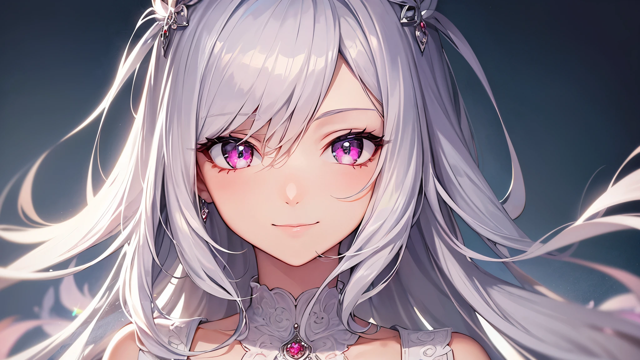 (best quality, masterpiece, perfect face, beautiful and aesthetic:1.2, colorful, dynamic angle, highest detailed face) WhiteOutfit, 1girl, (flower over eye), long hair, breasts, white hair, medium breasts, red eyes, (high resolution textures), in dynamic pose, bokeh, (intricate details, hyperdetailed:1.15), standing, white castle background, (official art, extreme detailed, highest detailed), <lora:ZeroDrakenGardV3:1>