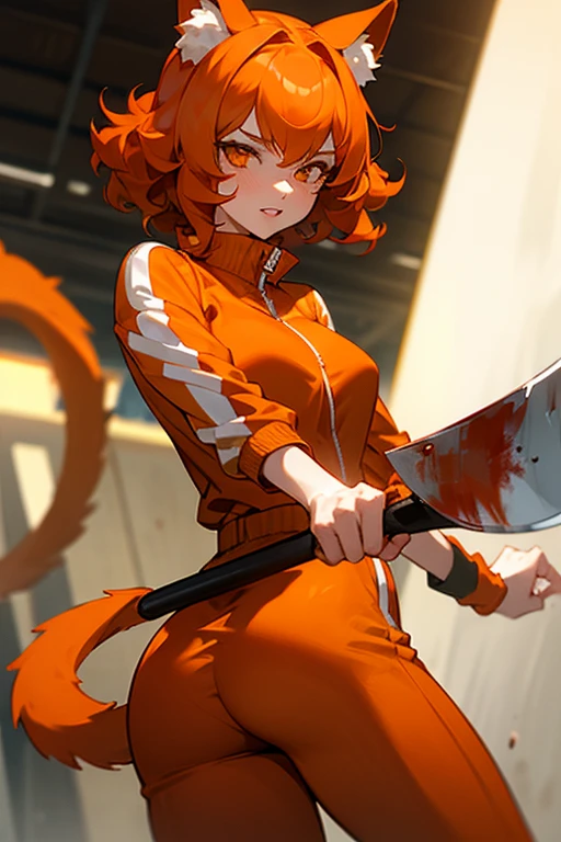 Mature girl, short orange hair ending in soft curls, orange eyes, full lips, orange catgirl ears and tail, wearing bloody track suit, wielding bloody hatchet