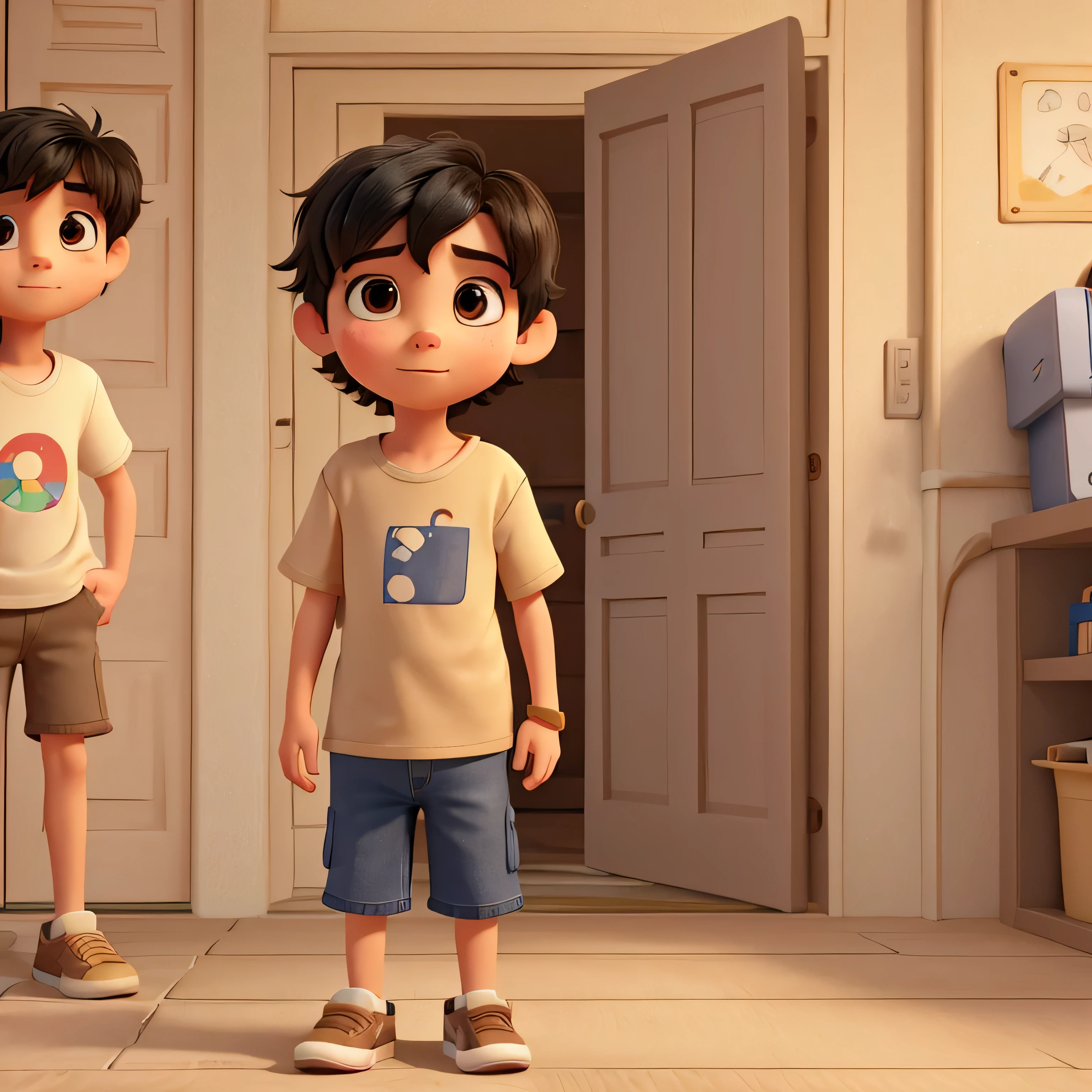 Describe a 7-year-old autistic boy, with just the head appearing between the door, watching outside with the door between open.. He has messy black hair and brown eyes . He is wearing a light beige shirt, comfortable denim shorts and worn sneakers. . The beige walls