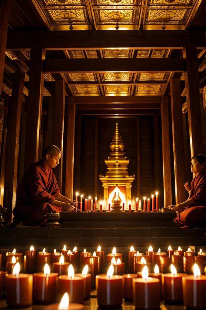 Buddhists process candles around the temple.