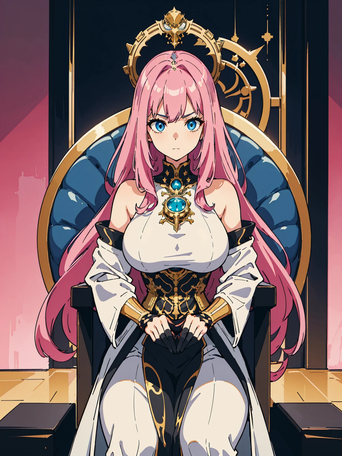 1 confident woman with floor-length pink hair, huge and big breasts, Futuristic royal costume in white with black and gold details, tall woman, blue detailed eyes, sitting on the throne of skulls , judgmental look, golden metal skulls, sovereign pose, cyberpunk queen
