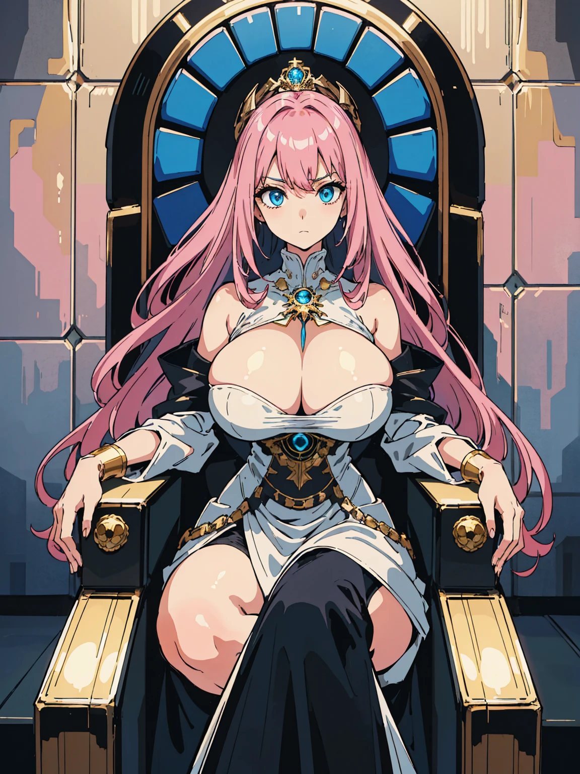 1 confident woman with floor-length pink hair, huge and big breasts, Futuristic royal costume in white with black and gold details, tall woman, blue detailed eyes, sitting on the throne of skulls , judgmental look, golden metal skulls, sovereign pose, cyberpunk queen