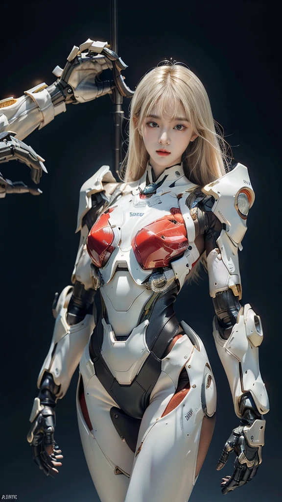 best quality, 1080P, Masterpiece, Whole body photo, Ultra high resolution, photorealistic photo, ultra realism, Realistic skin texture, light blonde hair, Extreme skin detail, dslr, Detailed eyes, Facing the camera, Very beautiful face, Firm facial structure, Pale skin, Realistic skin texture, Extreme skin detail, oc render reflection textures, Realistic light and shadow, One picture, alone, The body is slender and balanced.., Age 20, Height 170, สาวbare, bare, no underwear, A girl with the body of a mechanical robot.., Transparent futuristic black glass mech armor., red armor, The mechanical cervix is stuck in the neck.., Flat stomach, Woman with perfect mechanical arms and legs, full body view, Whole body photo,
